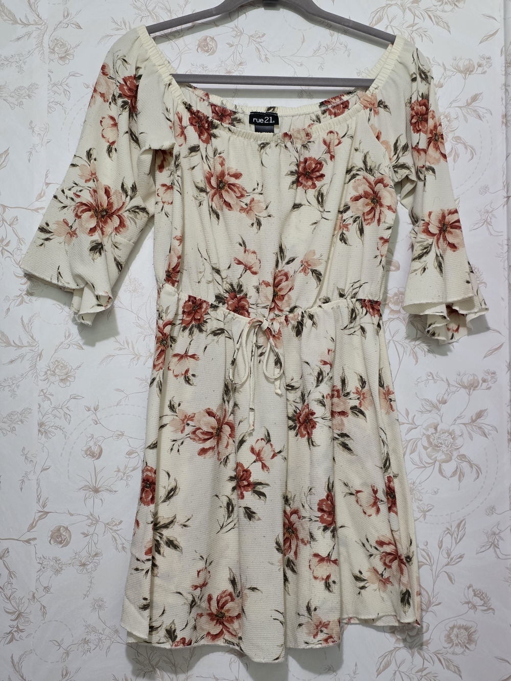 Rue21 Cream Floral Off-The-Shoulder Mini Dress with Red Blooms